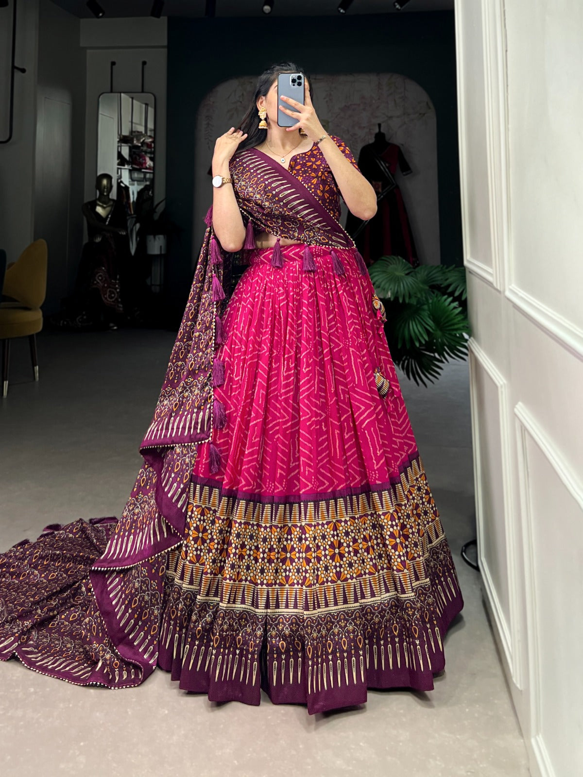 Tasar Silk Lehenga Choli with Bandhej and Ajarakh Print