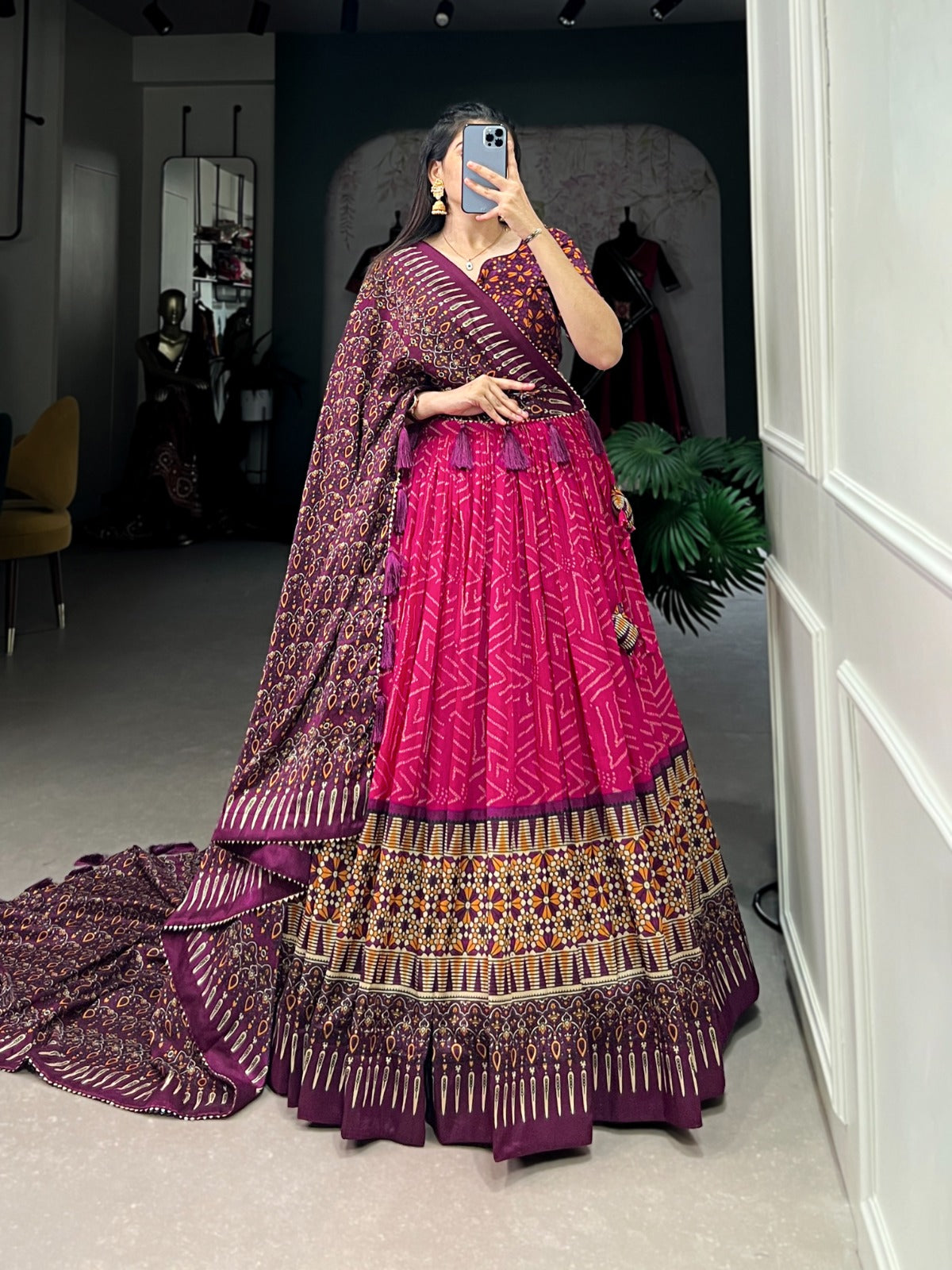 Tasar Silk Lehenga Choli with Bandhej and Ajarakh Print