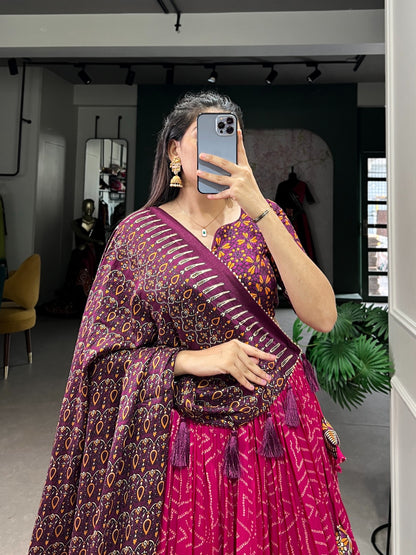 Tasar Silk Lehenga Choli with Bandhej and Ajarakh Print