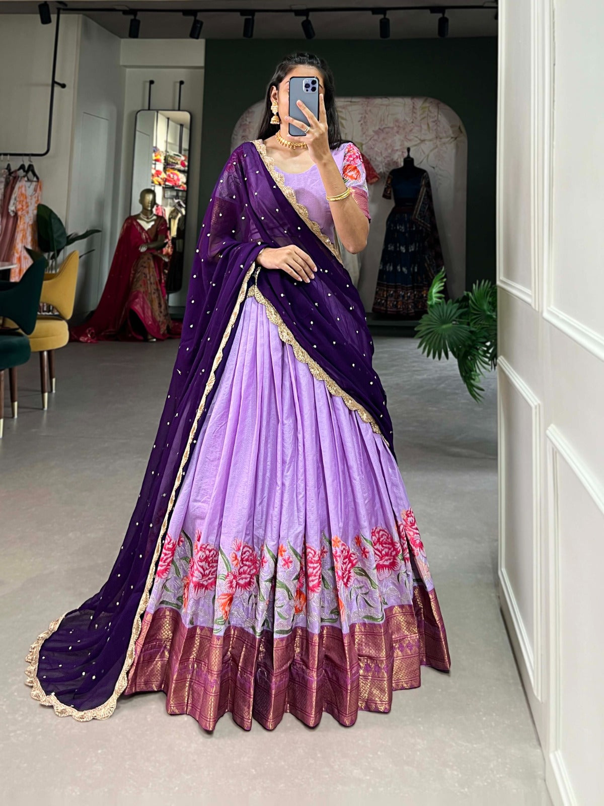 Traditional Silk Lehenga with Floral Zari Border Design