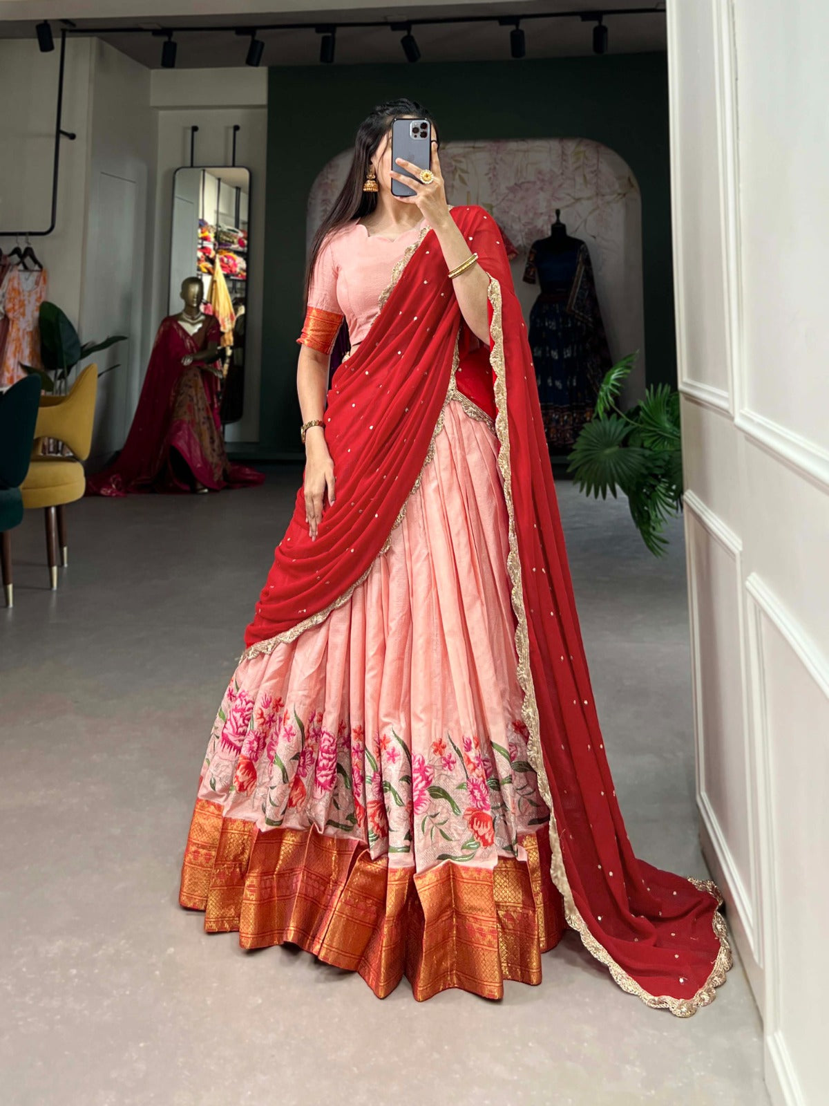 Traditional Silk Lehenga with Floral Zari Border Design