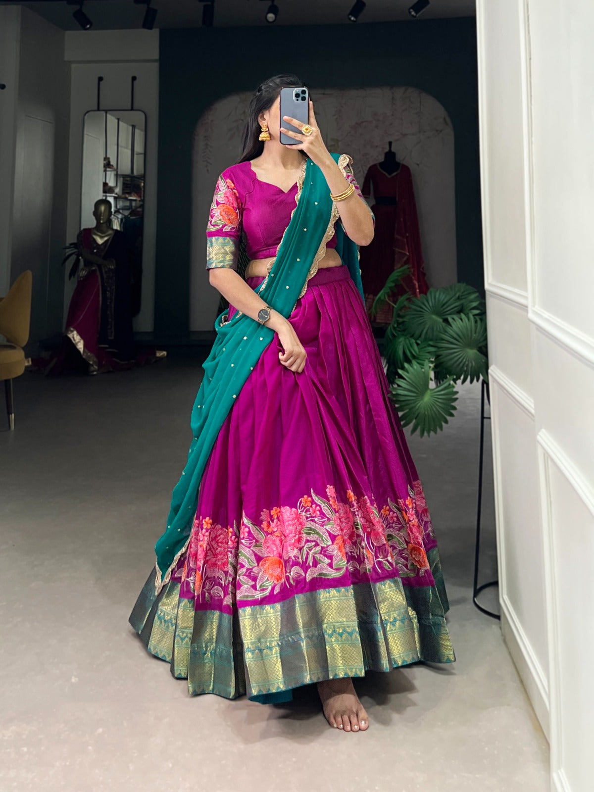 Traditional Silk Lehenga with Floral Zari Border Design