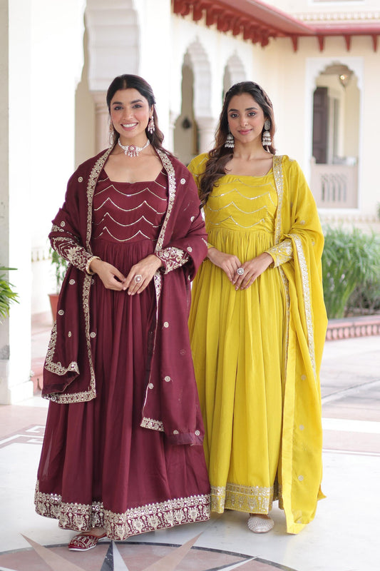 Traditional Vichitra Silk Gown with Dupatta for Women