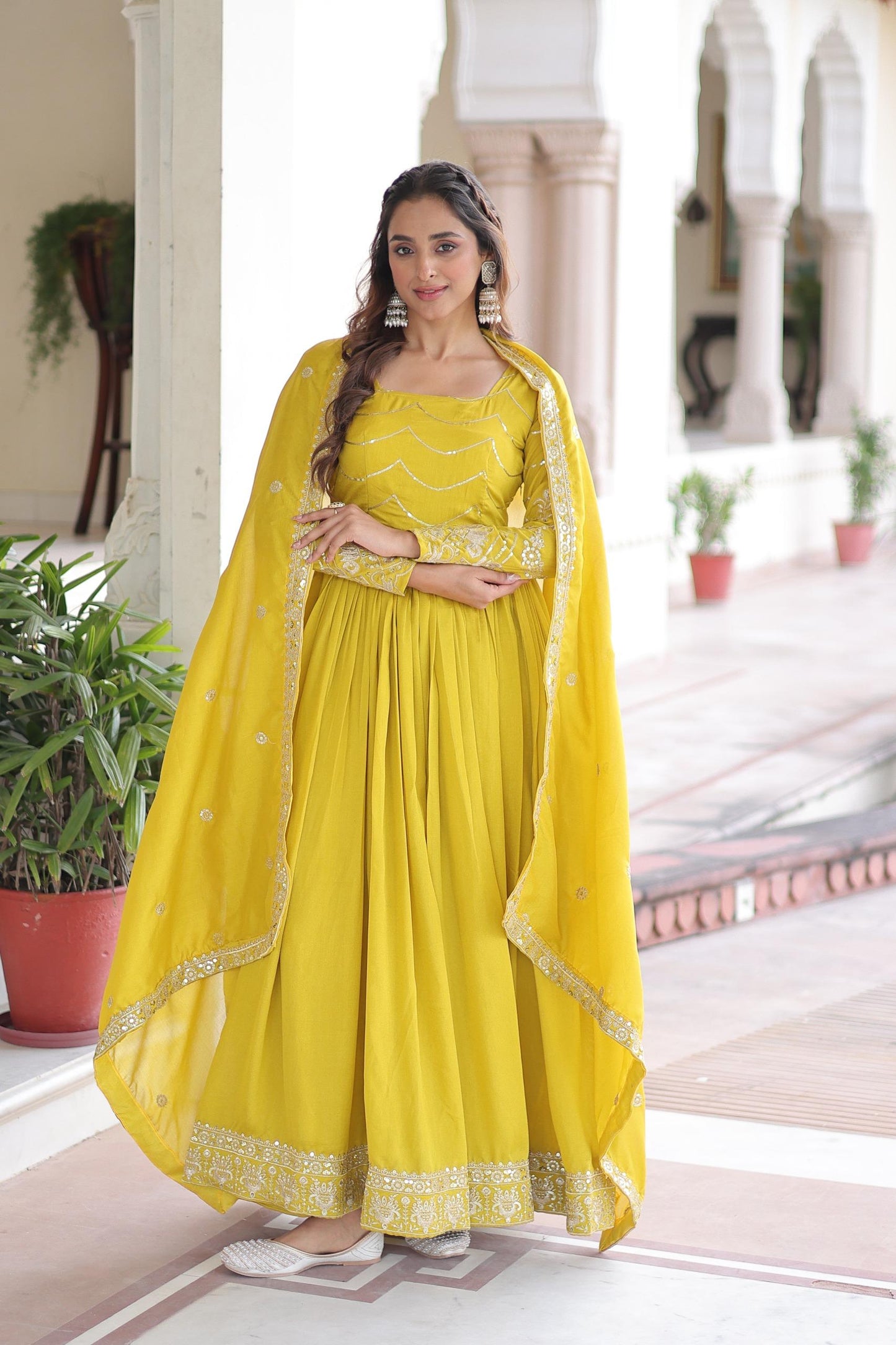 Traditional Vichitra Silk Gown with Dupatta for Women