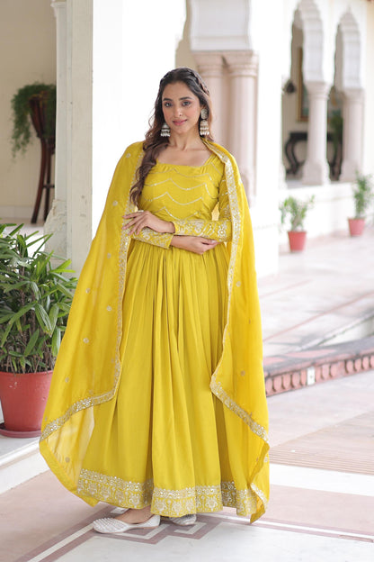 Traditional Vichitra Silk Gown with Dupatta for Women