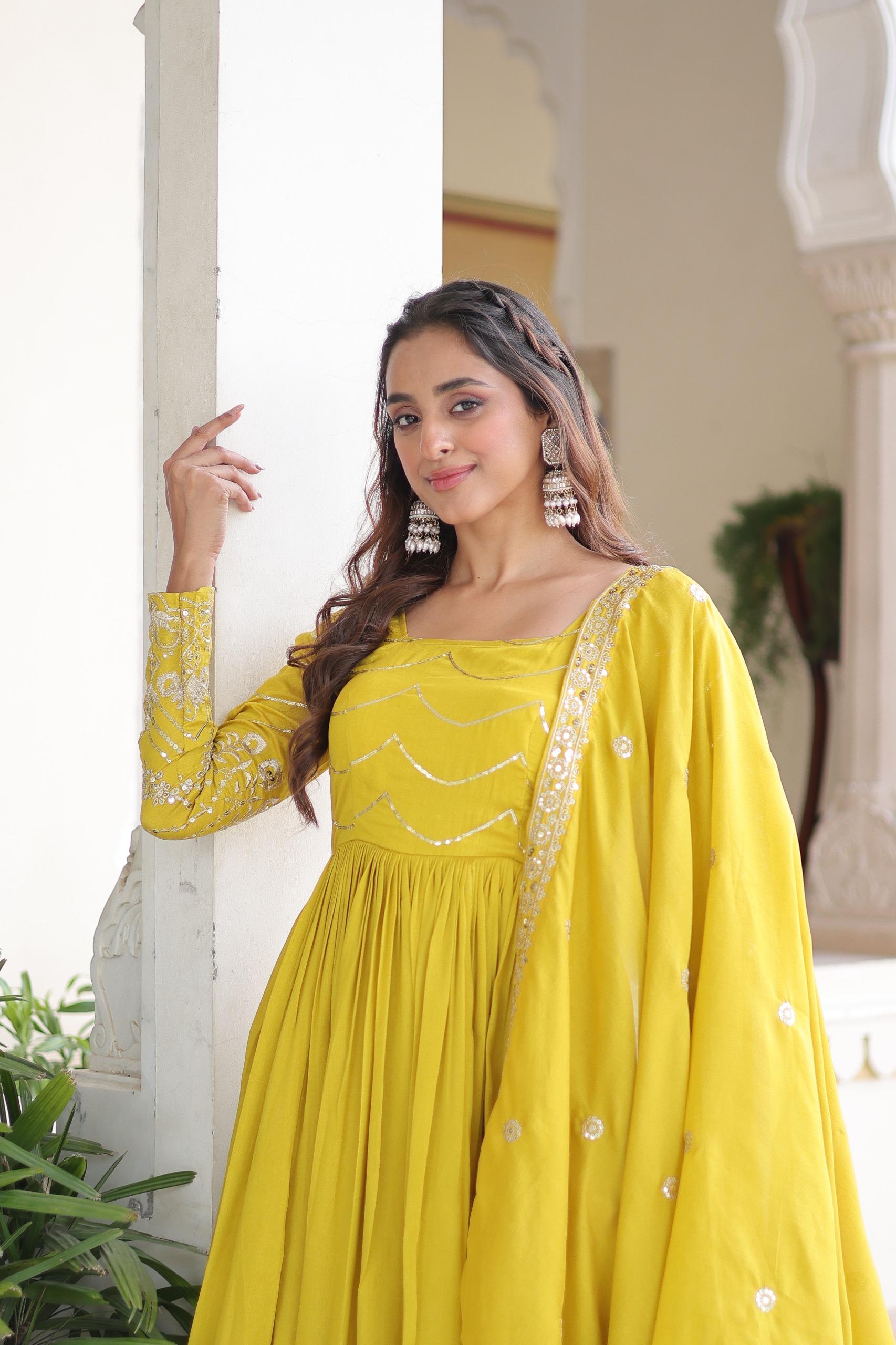 Traditional Vichitra Silk Gown with Dupatta for Women