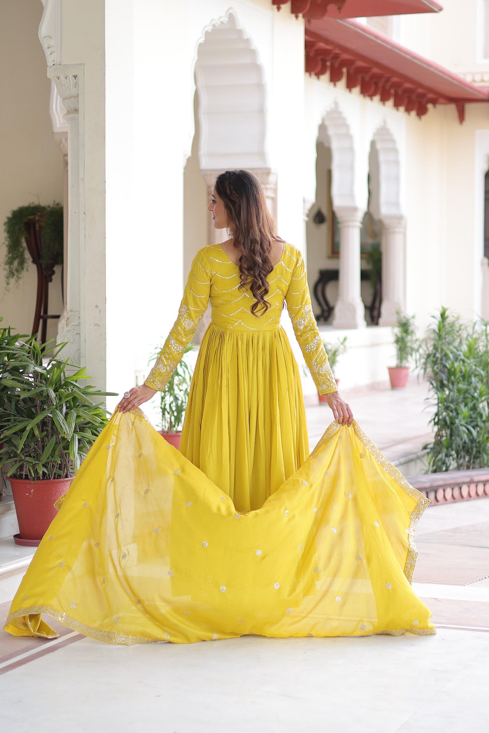 Traditional Vichitra Silk Gown with Dupatta for Women