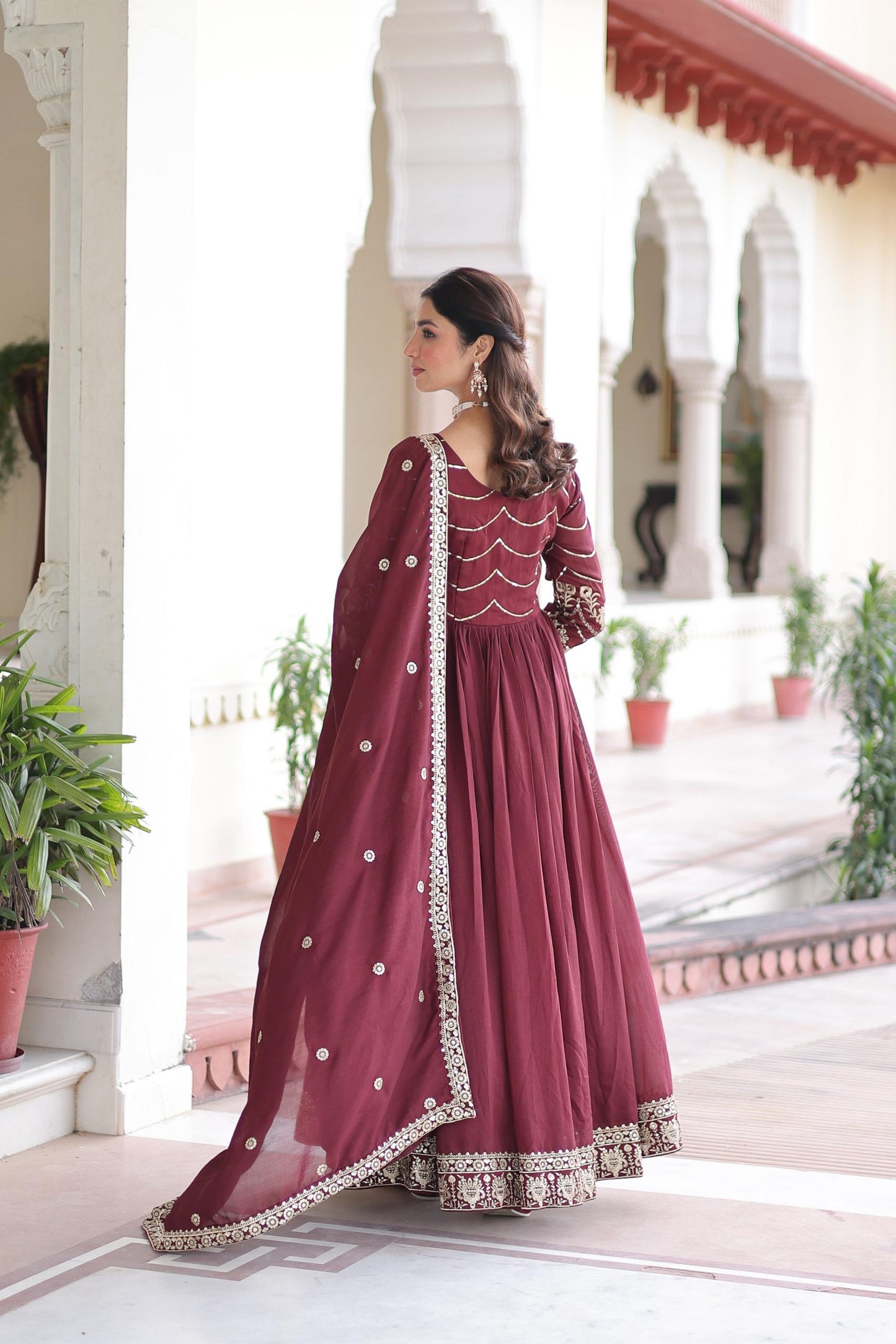 Traditional Vichitra Silk Gown with Dupatta for Women