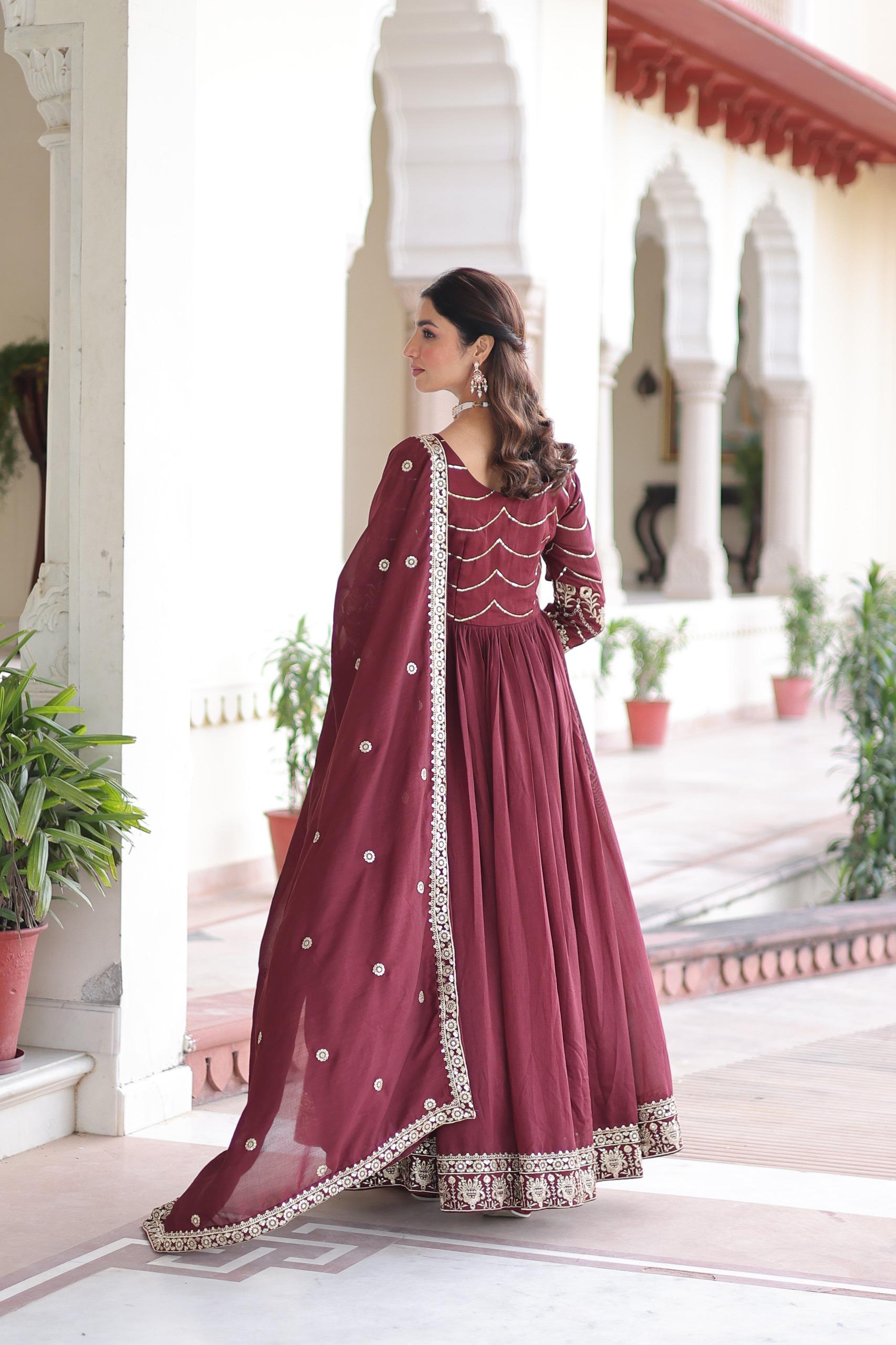 Traditional Vichitra Silk Gown with Dupatta for Women