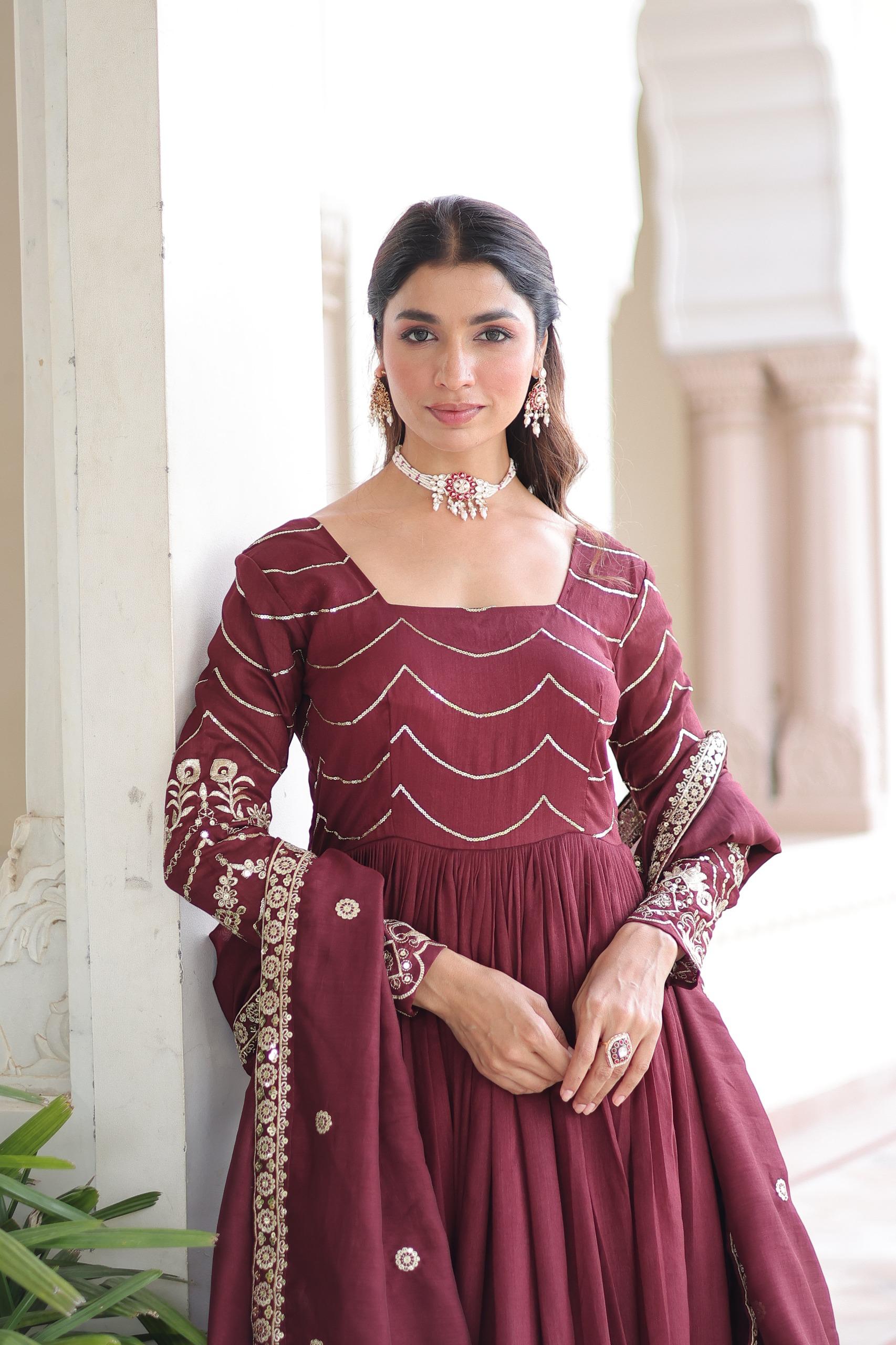 Traditional Vichitra Silk Gown with Dupatta for Women