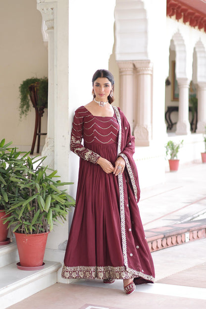 Traditional Vichitra Silk Gown with Dupatta for Women