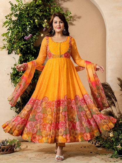Trendy Yellow Floral Gown with Pant & Dupatta