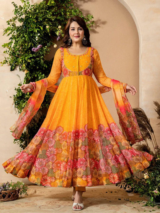 Trendy Yellow Floral Gown with Pant & Dupatta