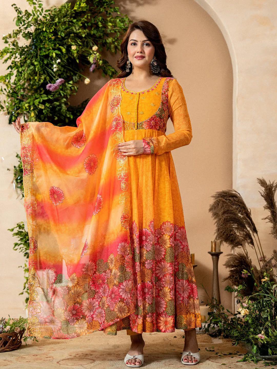 Trendy Yellow Floral Gown with Pant & Dupatta