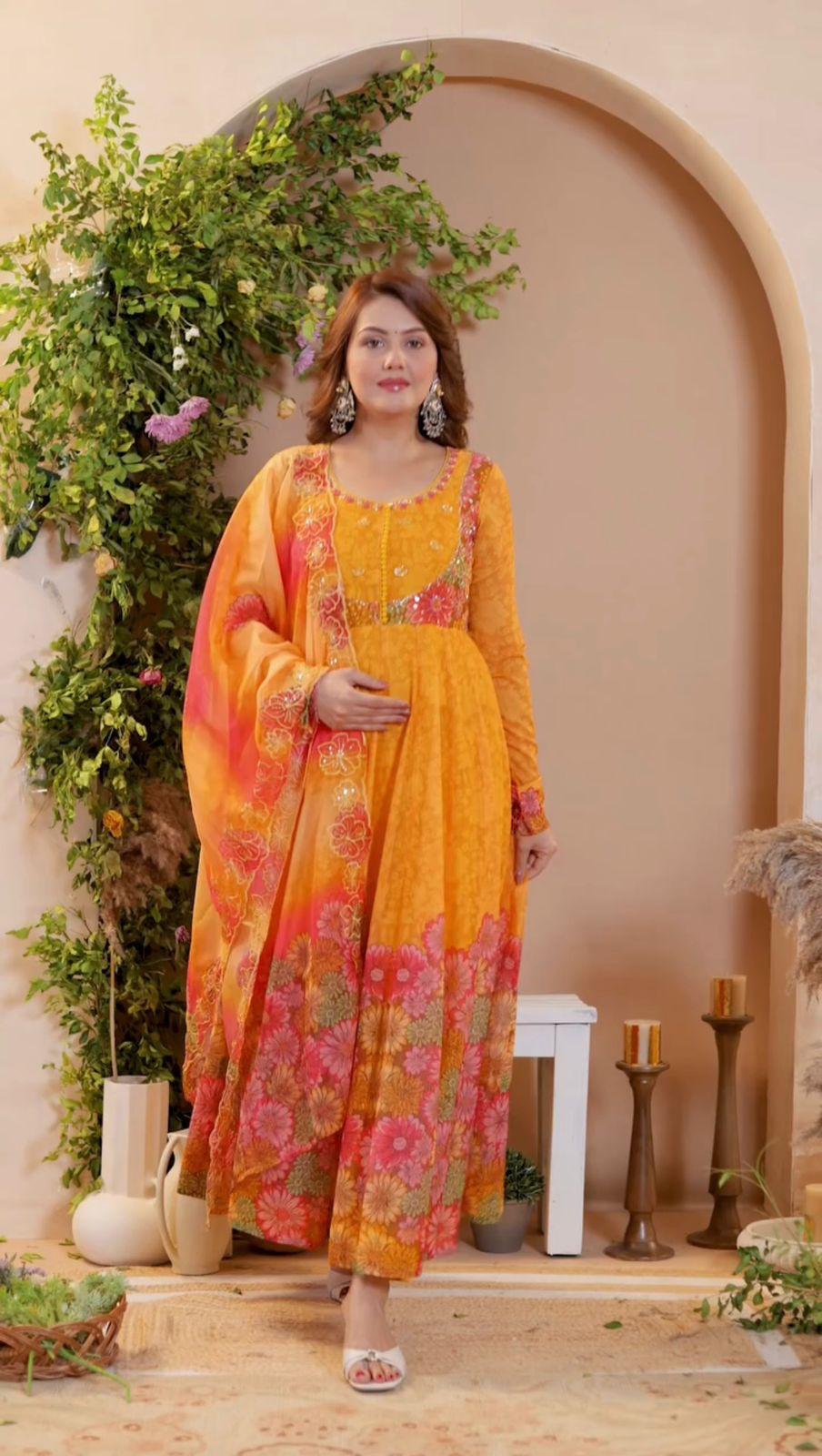 Trendy Yellow Floral Gown with Pant & Dupatta