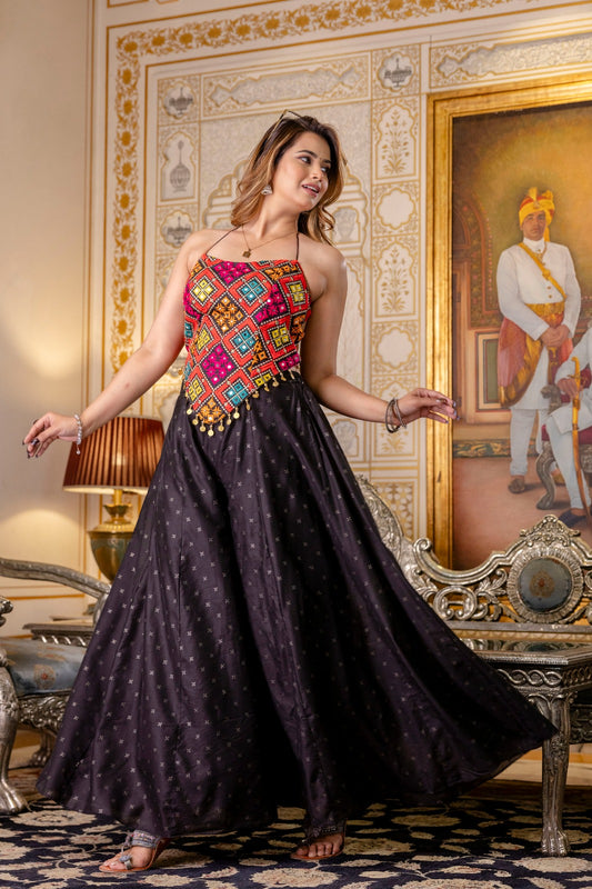 Tribal Mirror Embroidered Crop Top with Black Palazzo SeT