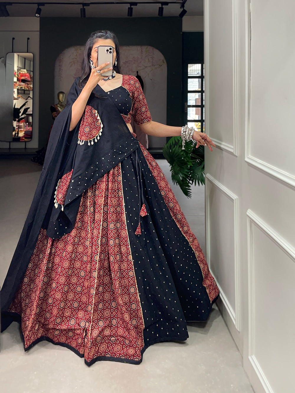 Tribal Print Lehenga Set with Mirror Work Dupatta