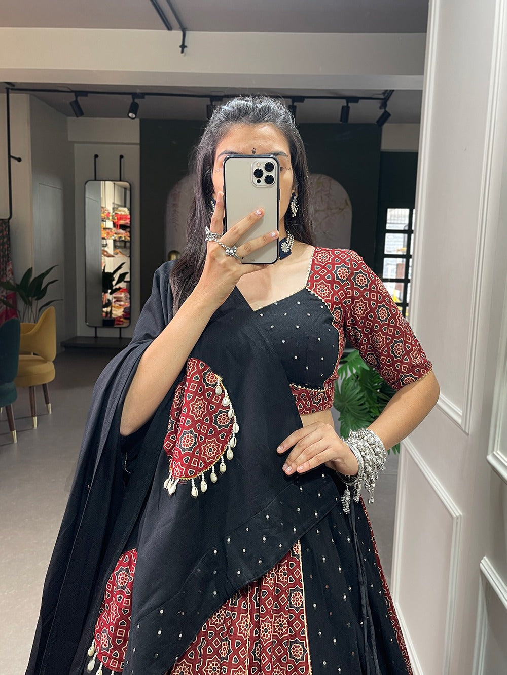 Tribal Print Lehenga Set with Mirror Work Dupatta