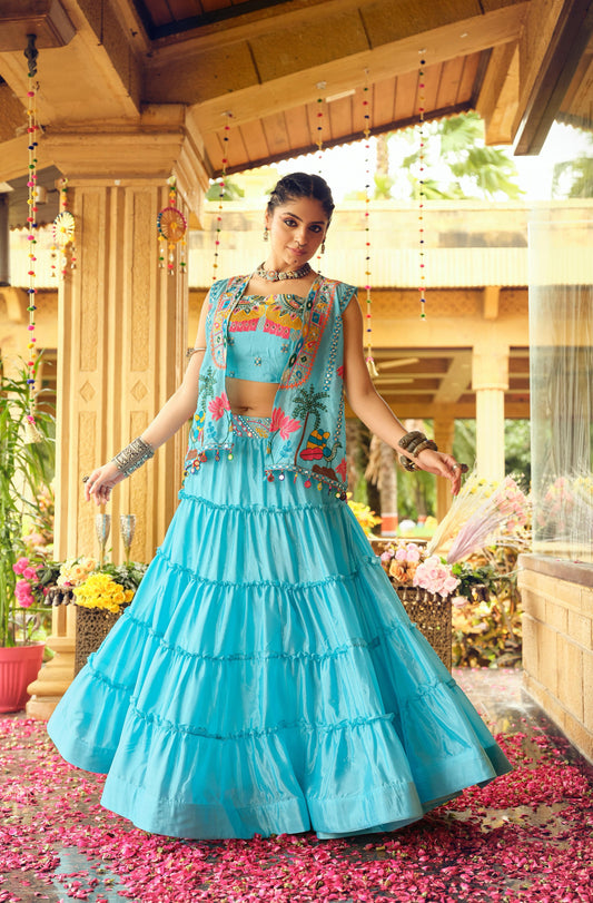 Turquoise Tiered Lehenga with Embroidered Koti for Women