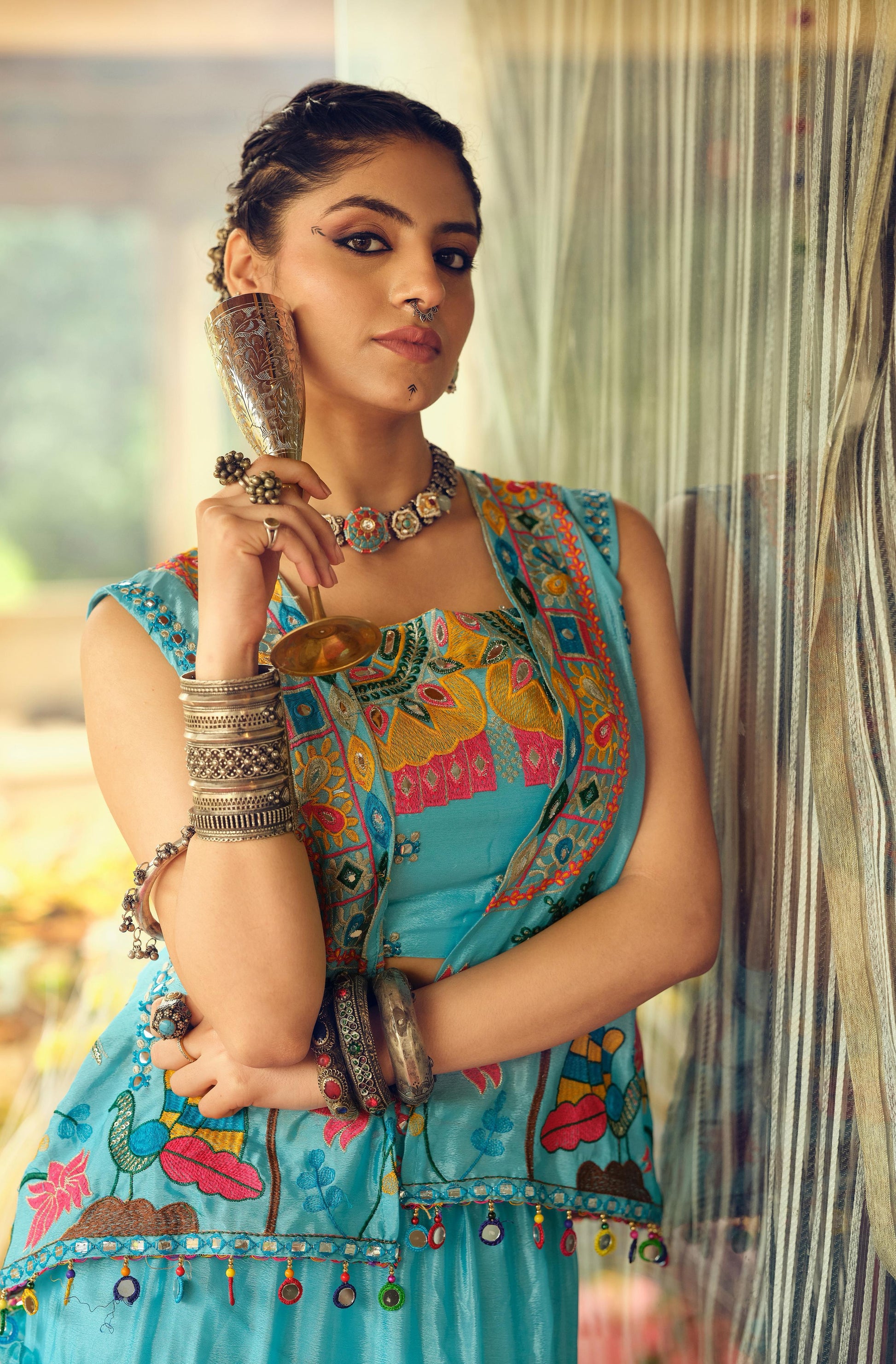 Turquoise Tiered Lehenga with Embroidered Koti for Women
