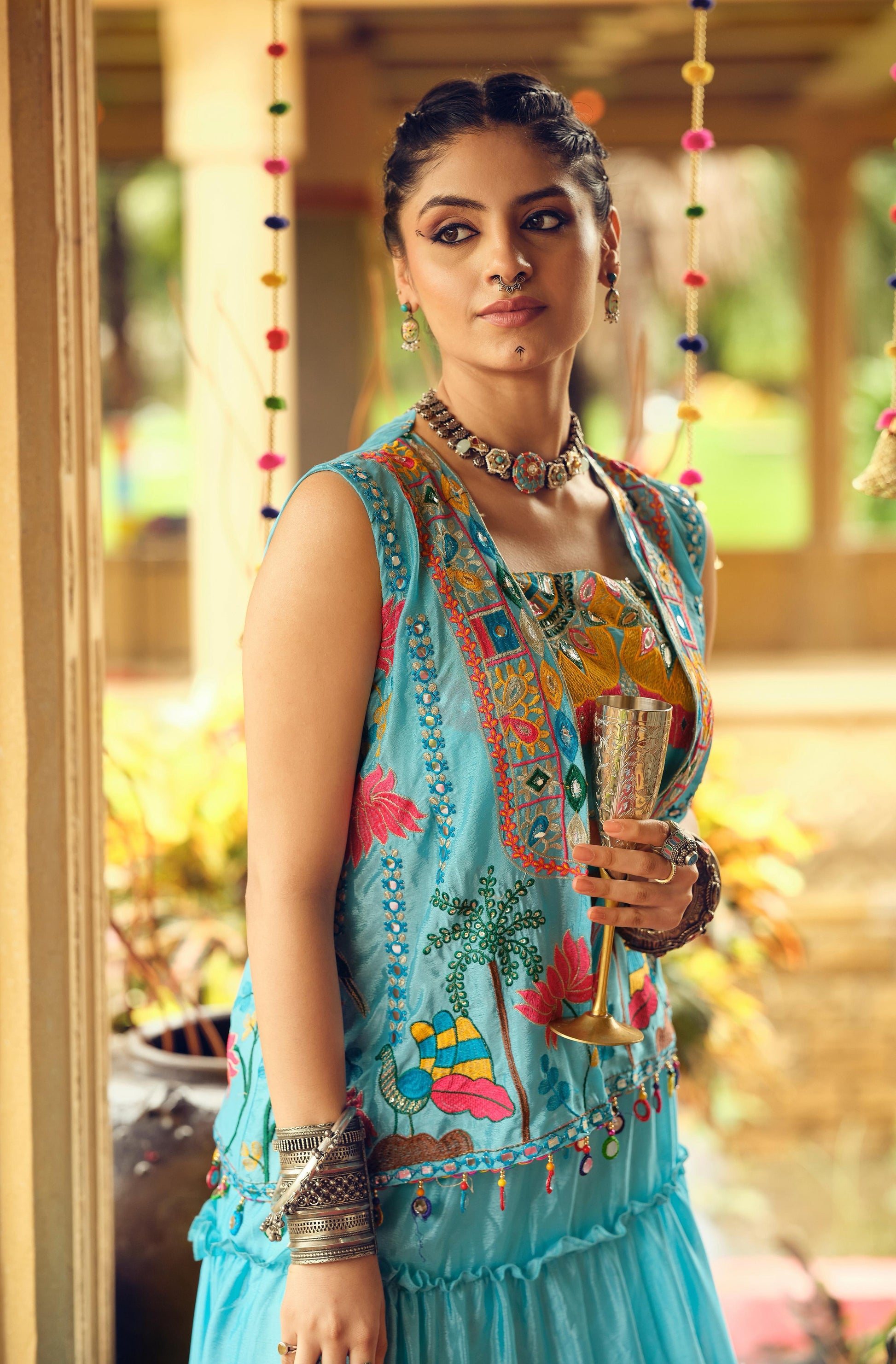 Turquoise Tiered Lehenga with Embroidered Koti for Women