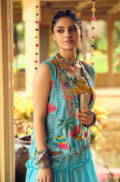 Turquoise Tiered Lehenga with Embroidered Koti for Women