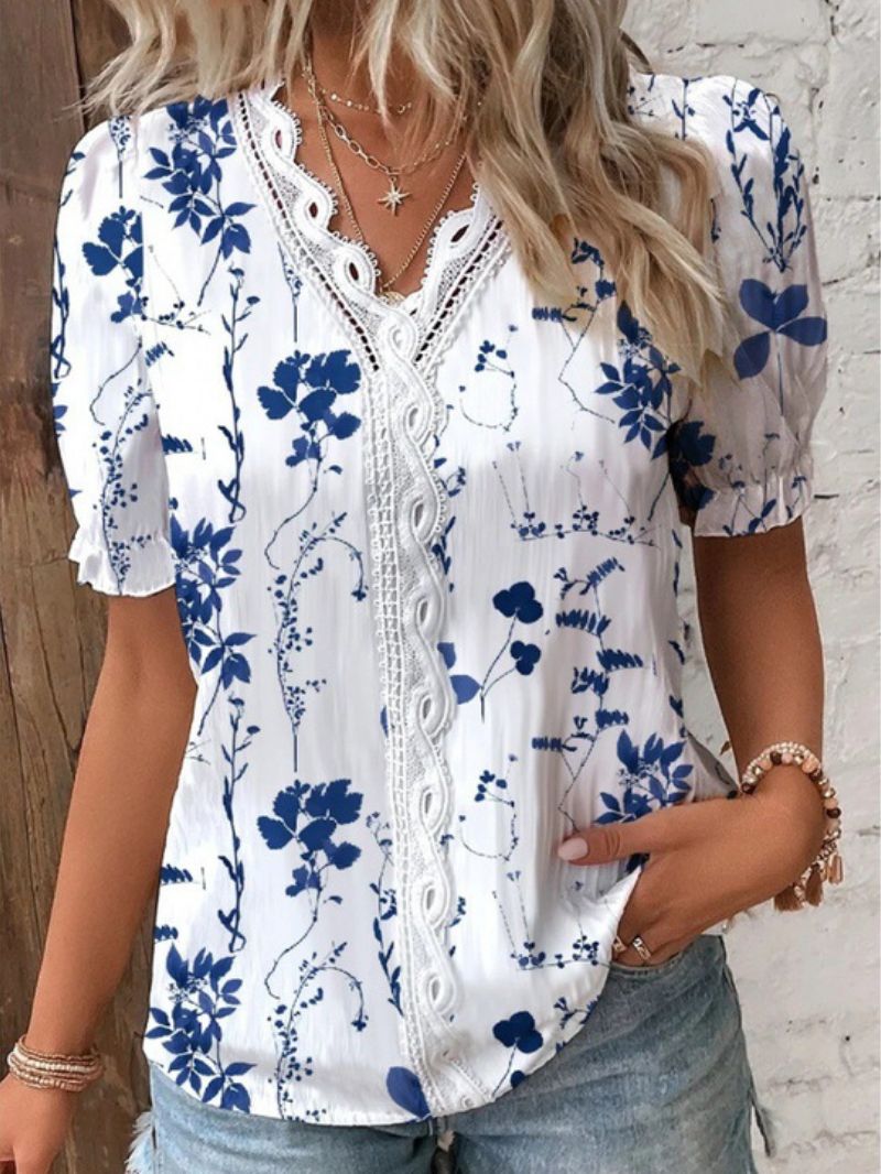V- Neck Floral Print Top with Lace Pattern for Women