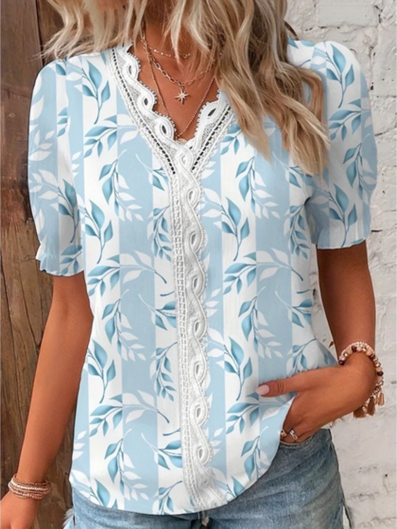 V- Neck Floral Print Top with Lace Pattern for Women