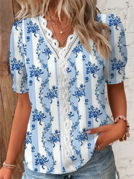 V- Neck Floral Print Top with Lace Pattern for Women