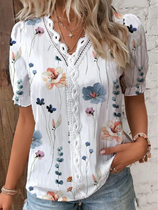 V- Neck Floral Print Top with Lace Pattern for Women