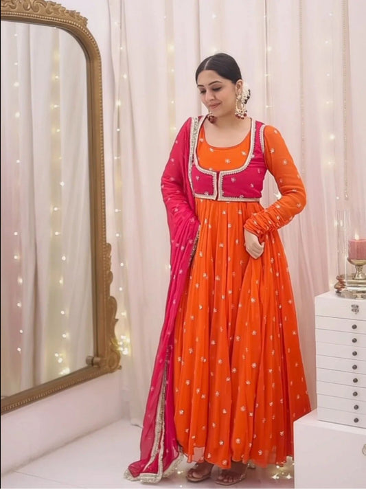 Vibrant Orange Anarkali with Pink Embroidered Dupatta