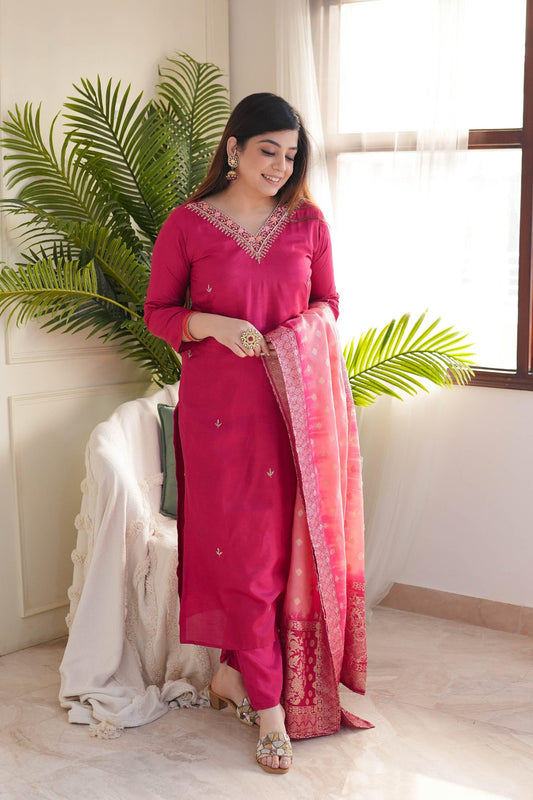 Vichitra Silk Embroidered Suit with Viscose Jacquard Dupatta