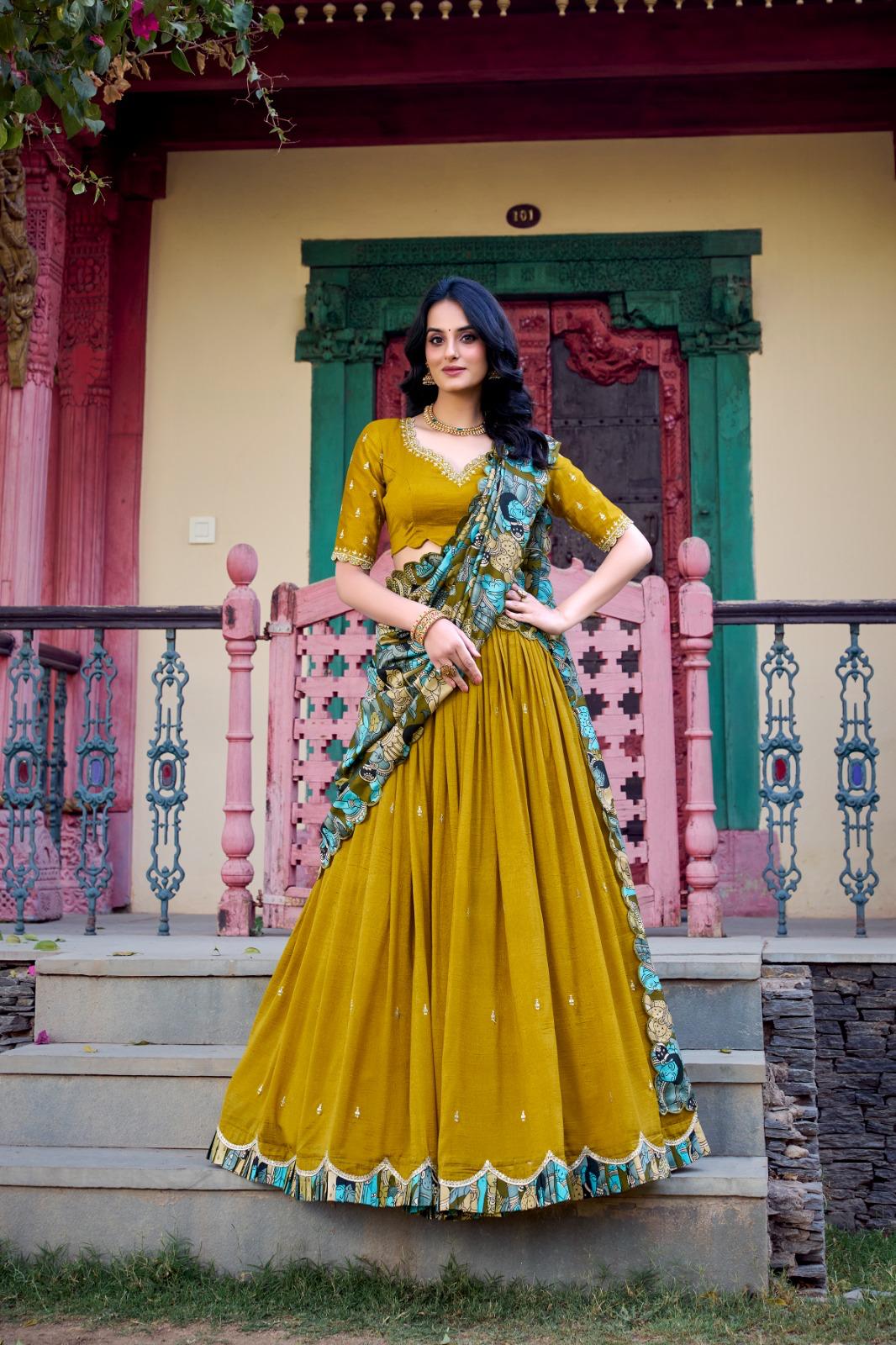 Vichitra Silk Lehenga Choli with Kalamkari Dupatta