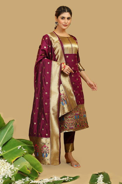 Elegant Banarasi Silk Suit with Embroidered Detailing