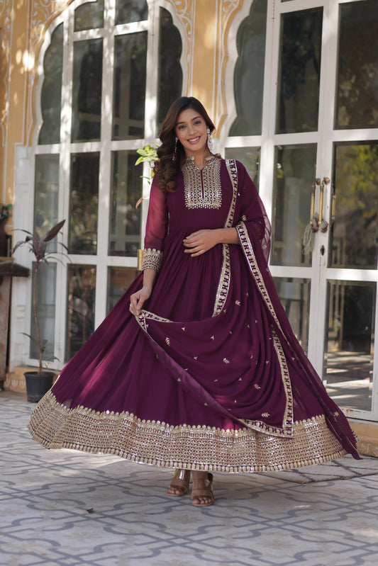 Wine Embroidered Anarkali Gown with Mirror Work Border