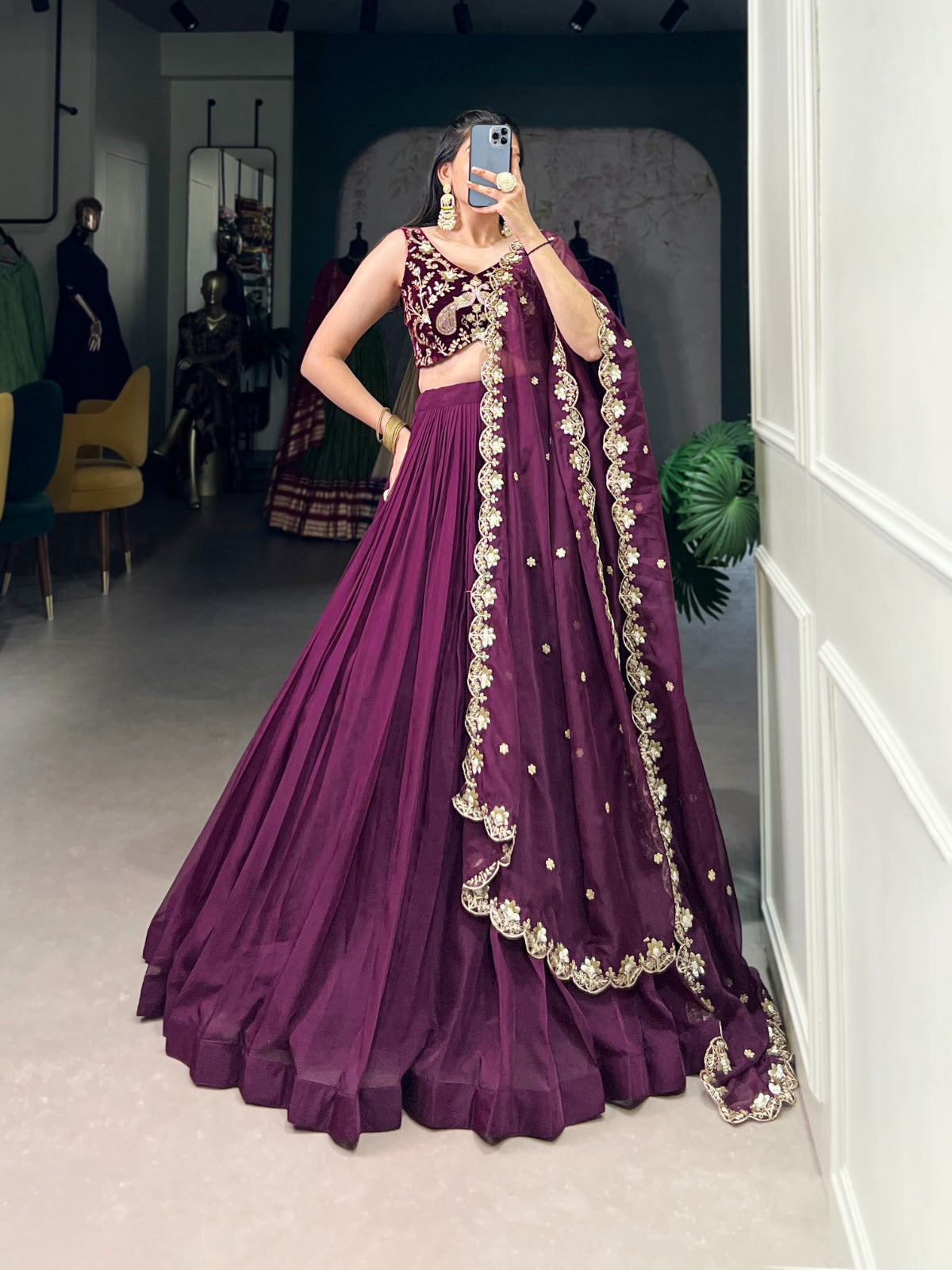 Wine Embroidered Lehenga with Net Dupatta