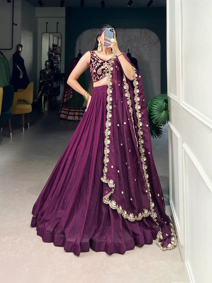 Wine Embroidered Lehenga with Net Dupatta