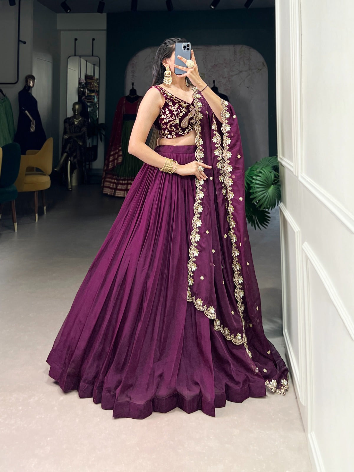 Wine Embroidered Lehenga with Net Dupatta