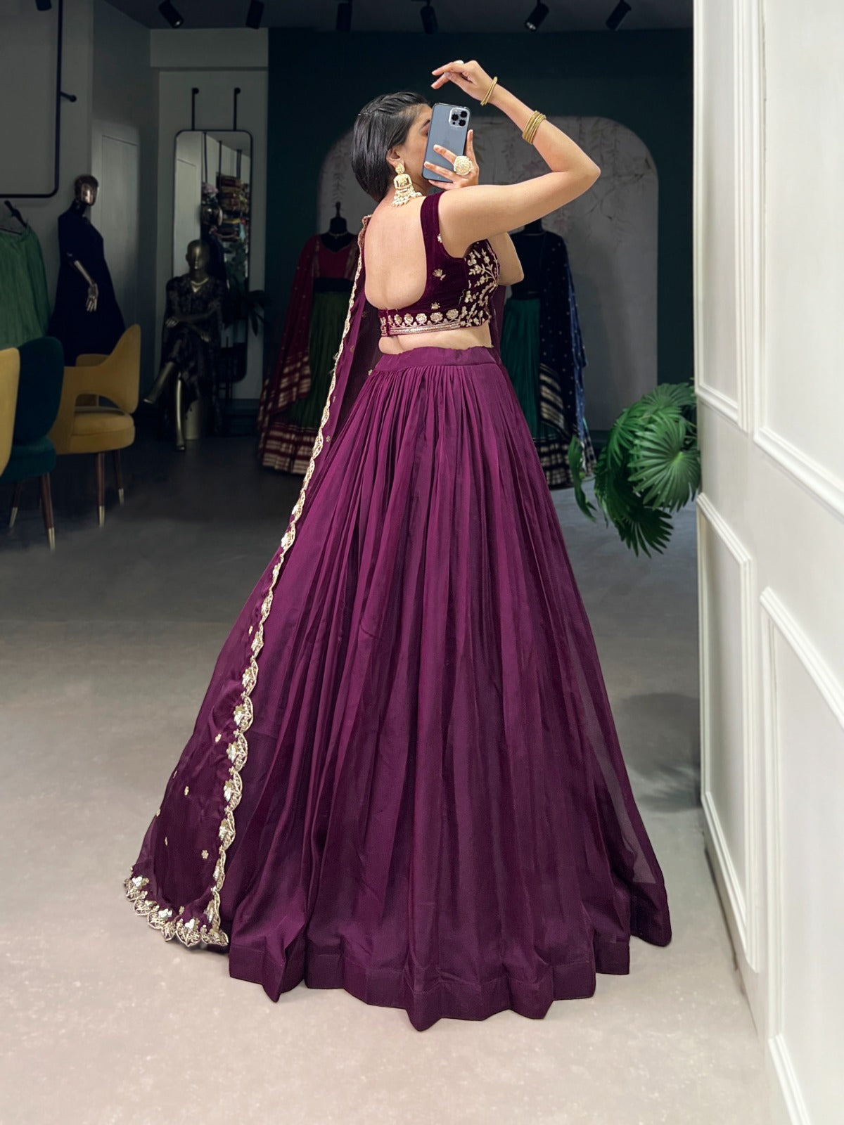 Wine Embroidered Lehenga with Net Dupatta
