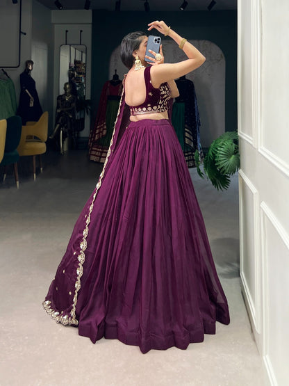 Wine Embroidered Lehenga with Net Dupatta