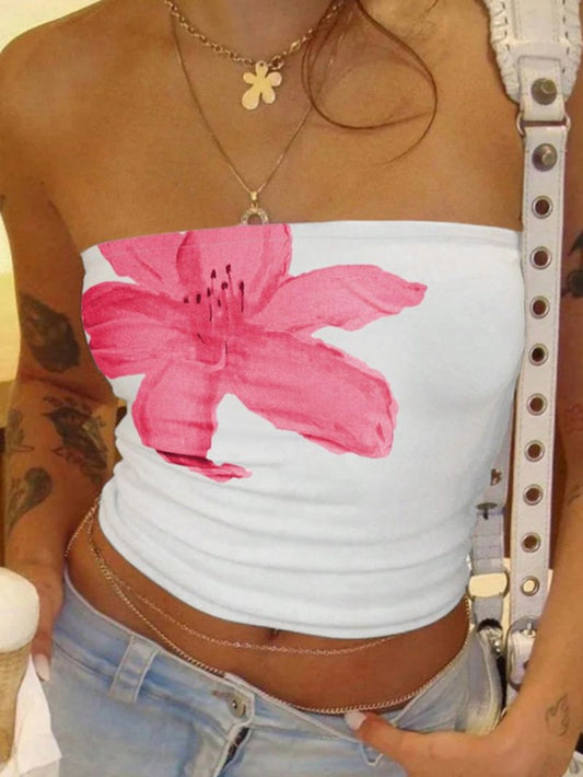Women's Floral Strapless Crop Top  Evening Party Crop Top