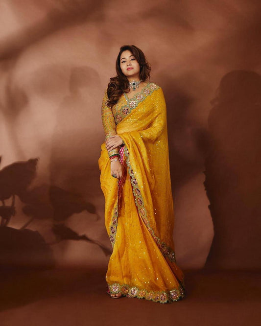 Yellow Georgette Fabric Saree for Women