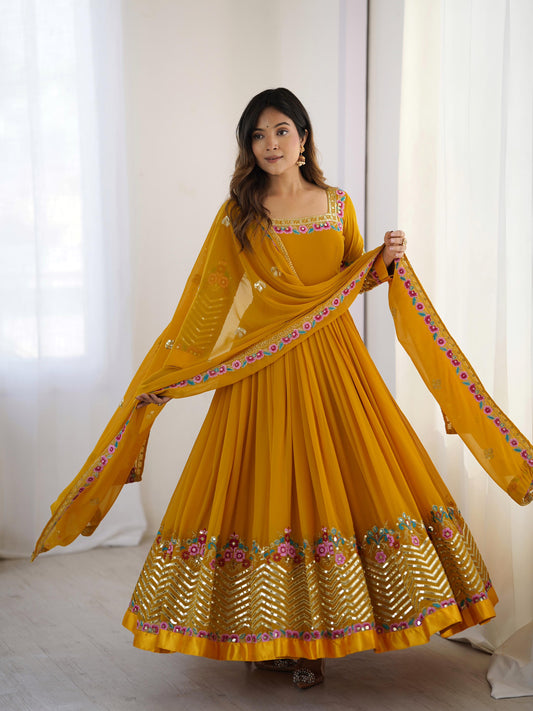 Yellow Mirror Embroidered Anarkali Gown with Dupatta