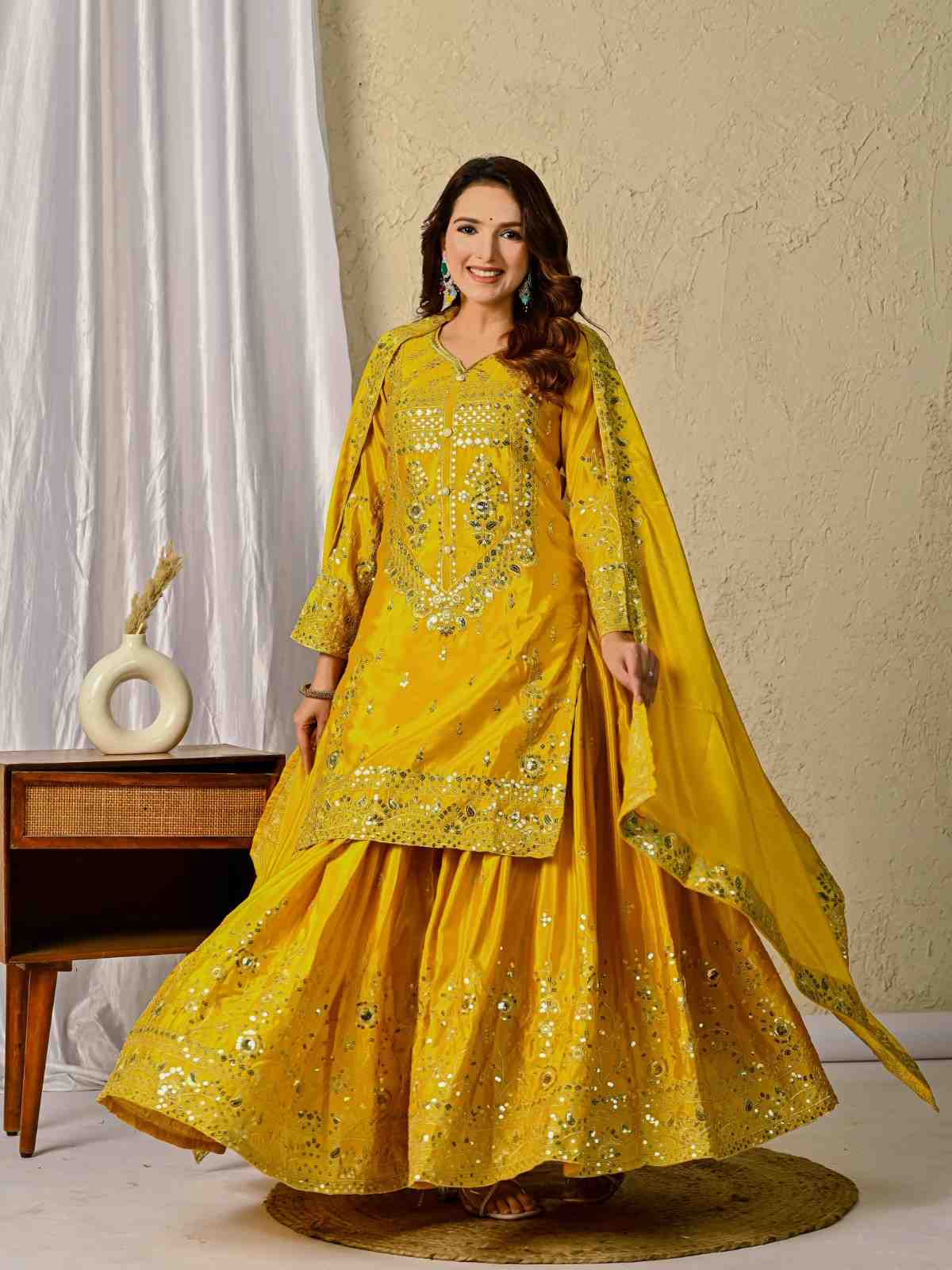 Yellow Mirror Work Sharara Set for Festive & Wedding Wear