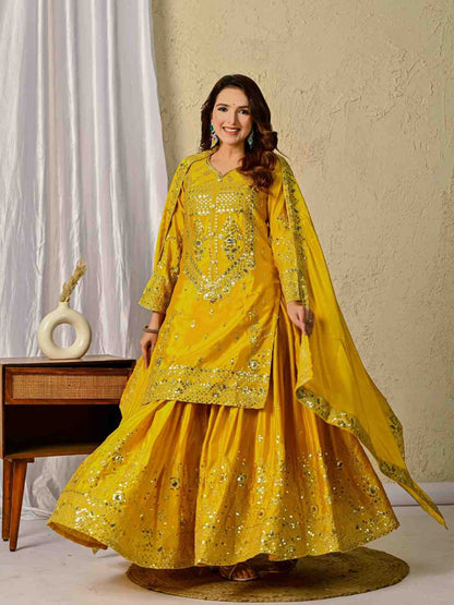 Yellow Mirror Work Sharara Set for Festive & Wedding Wear
