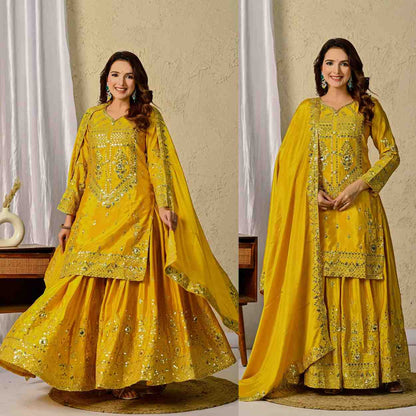 Yellow Mirror Work Sharara Set for Festive & Wedding Wear